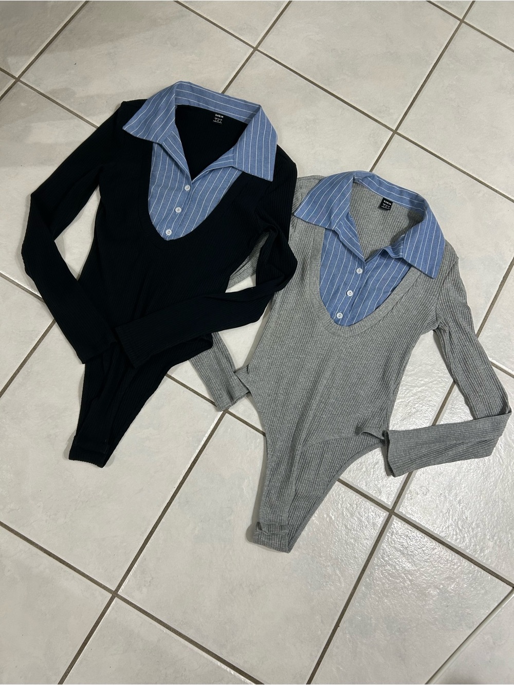 SHEIN Black & Gray Long Sleeve Layered-Look Ribbed Bodysuit